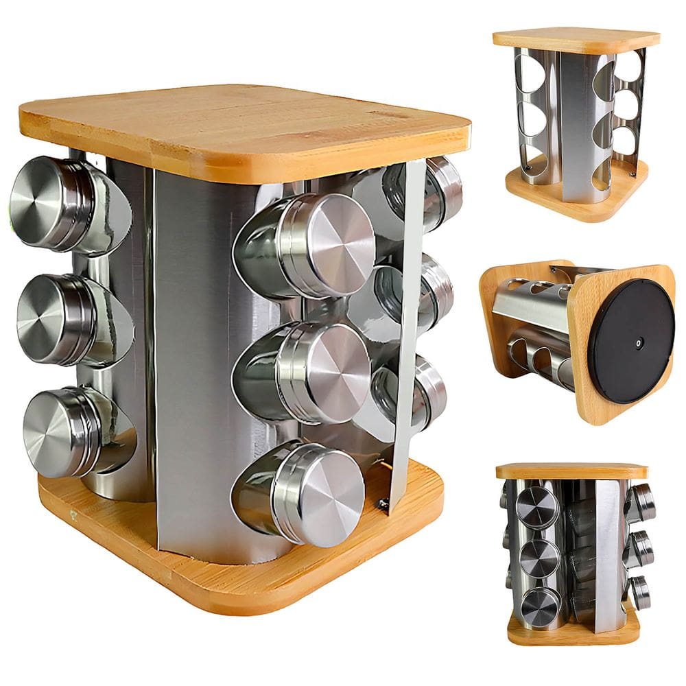 Porta Condimentos Temperos Inox com Base Bambu Giratória 360° e 12 Frascos de Vidro