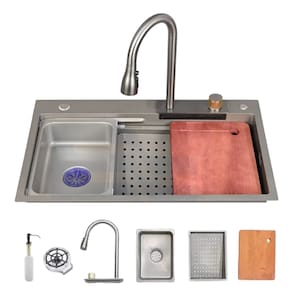 Cuba Cozinha Gourmet Premium Cascata Com Torneira Lavador Copos Aço Inox 201 Grafite