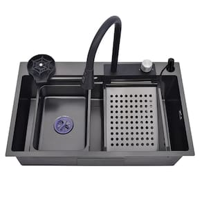 Cuba Cozinha Gourmet Premium Cascata Com Torneira Lavador Copos Aço Inox 304 Preto