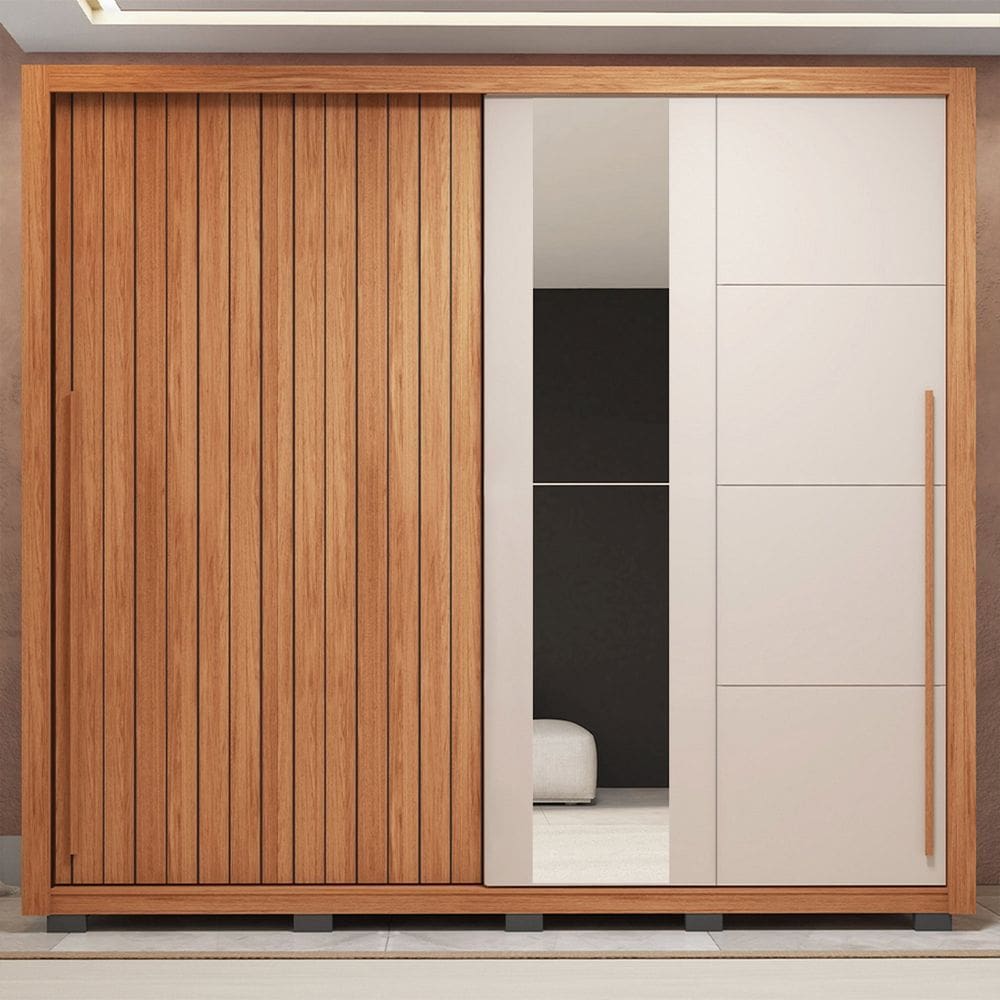 Guarda-roupa Casal Ripado com Espelhos 2 Portas e 4 Gavetas Suburban Espresso Móveis Freijo/ Off White