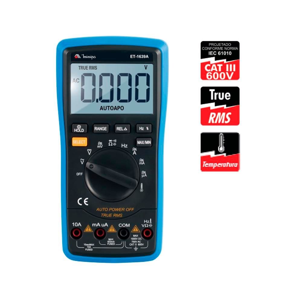 Multímetro Digital LCD 3.1/2&quot; True RMS AC 600V CAT III - Minipa ET-1639A