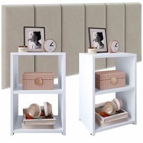 Kit 2 Mesinhas Pequena Prateleira Lateral Cama Bella Branco Cabeceira Queen 1,60 Estofado Bege Suede Júlia Quarto - RPM