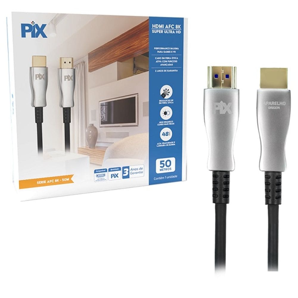 Cabo HDMI 50MT 2.1 8K HDR 32AWG Fibra Otica Ativa PIX 018-7650