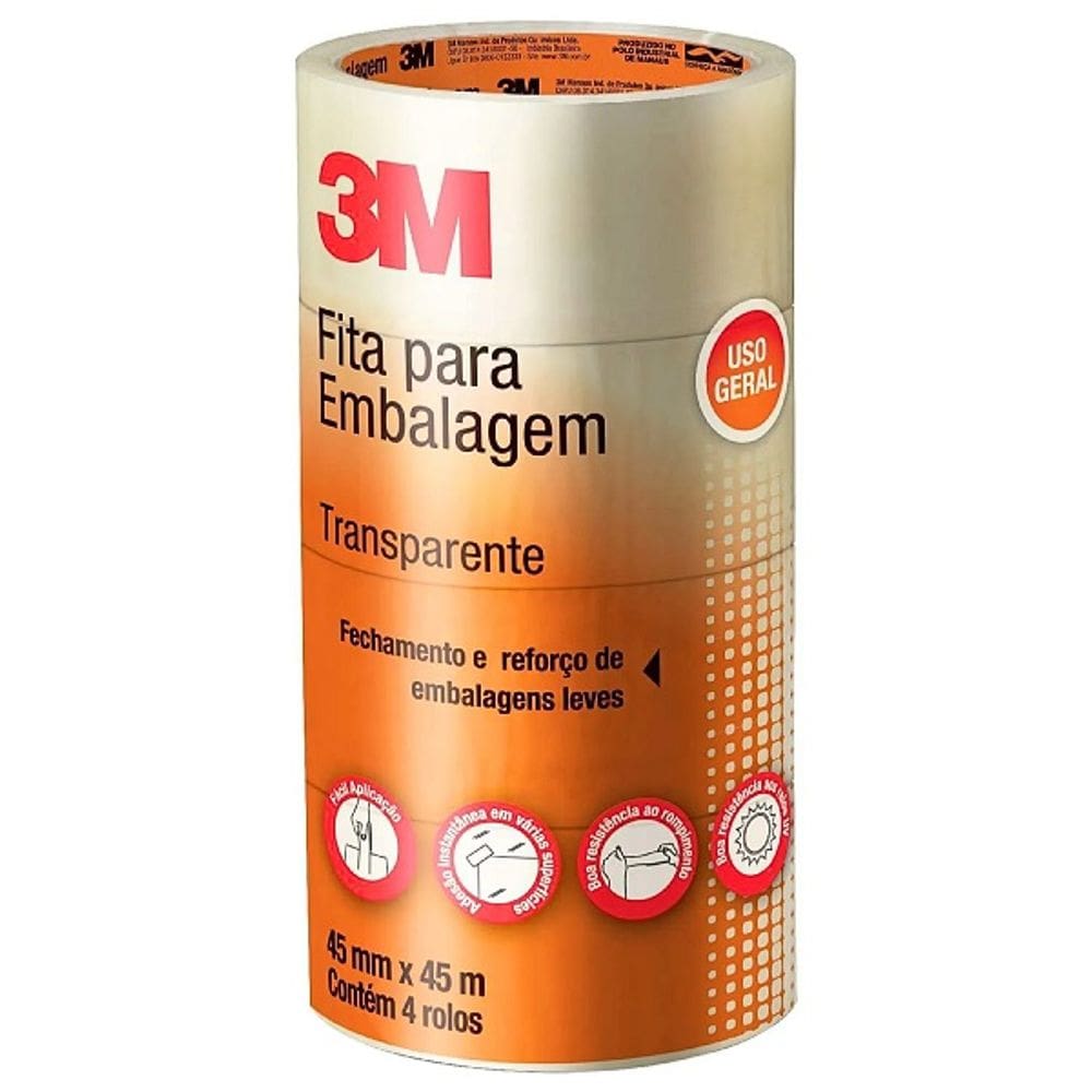 Kit 4 Fita Adesiva Durex Embalagem 3M Transparente 48MM X 50M