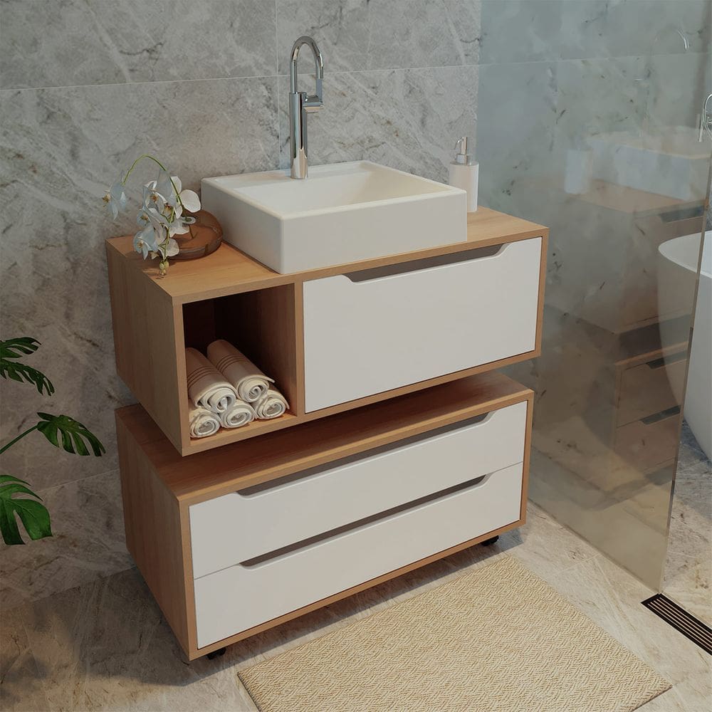 Kit de Banheiro Gabinete com Pia e Gaveteiro Amêndoa Branco