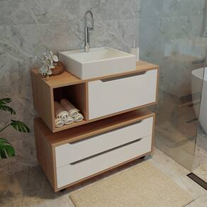 Kit de Banheiro Gabinete com Pia e Gaveteiro Amêndoa Branco
