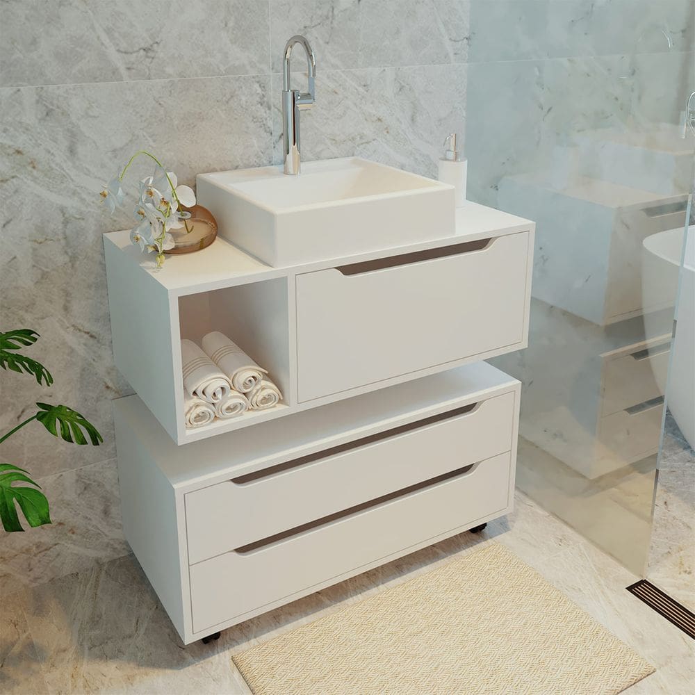 Kit de Banheiro Gabinete com Pia e Gaveteiro Branco