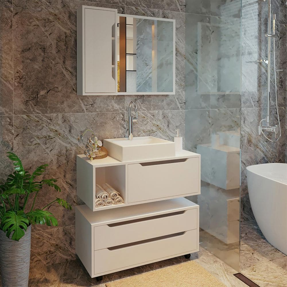 Kit Modulado para Banheiro Completo com Gabinete Gaveteiro Pia Espelheira Branco