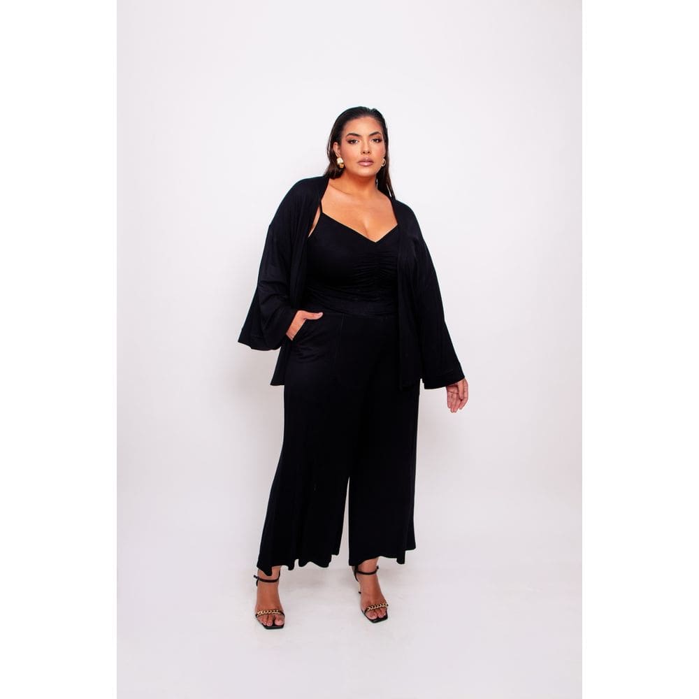 Conjunto Plus Size Feminino Calça Pantalona, Top e Kimono