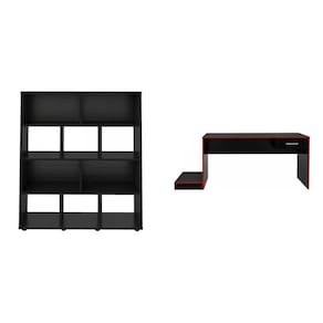 Kit 2 Peças com Mesa Gamer com Gaveta e Estante para Livros 10 Nichos Preto/Vermelho