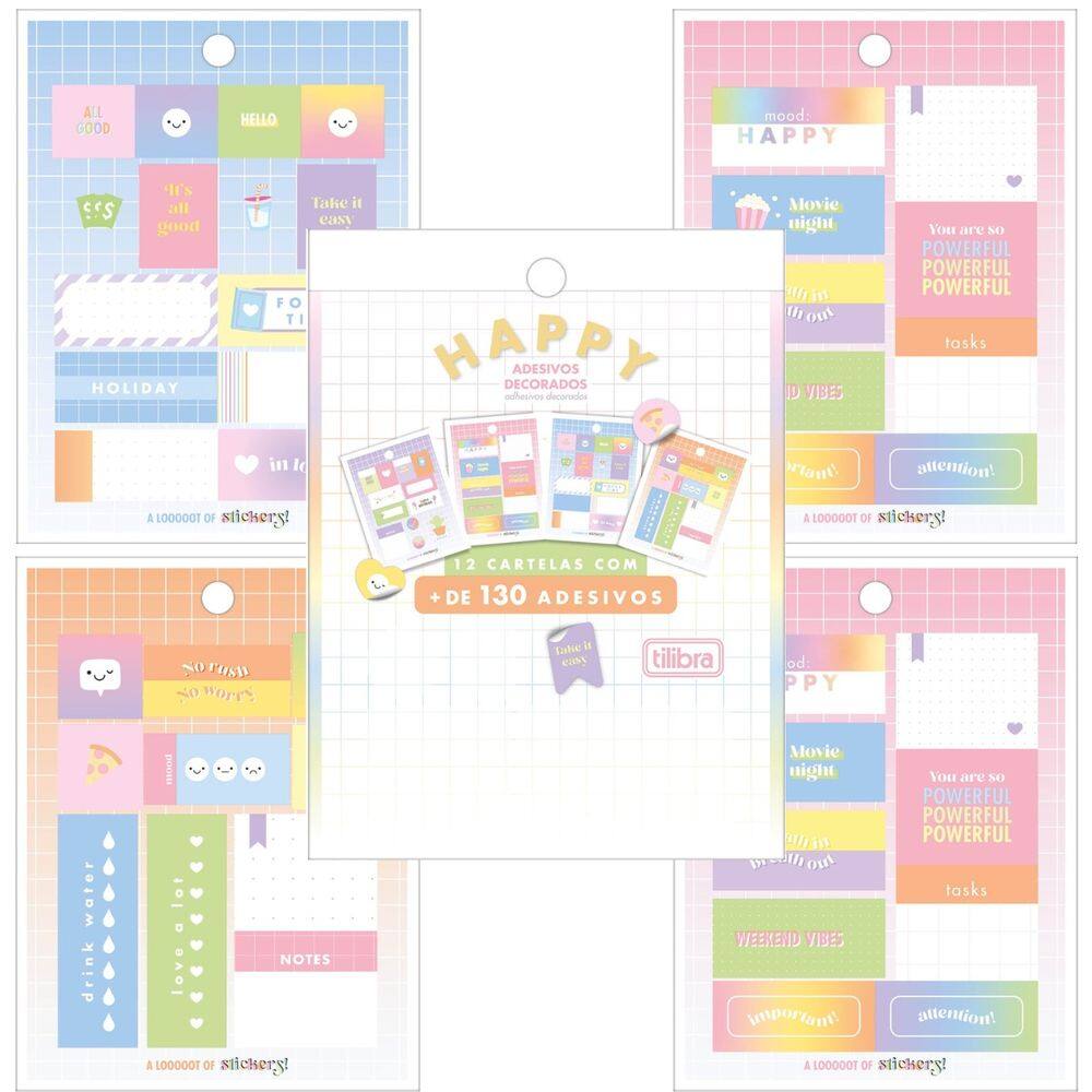 Bloco de Adesivos Decorados Happy Metalizados 12 Folhas Tilibra
