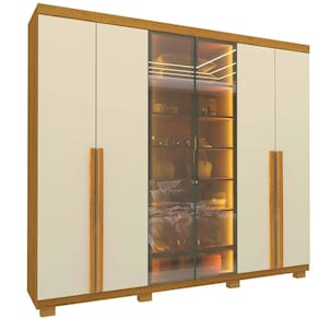 Guarda Roupa Casal Imperatriz 6P/2Reflecta LED Pés Madeira Naturale/Off White - Gelius