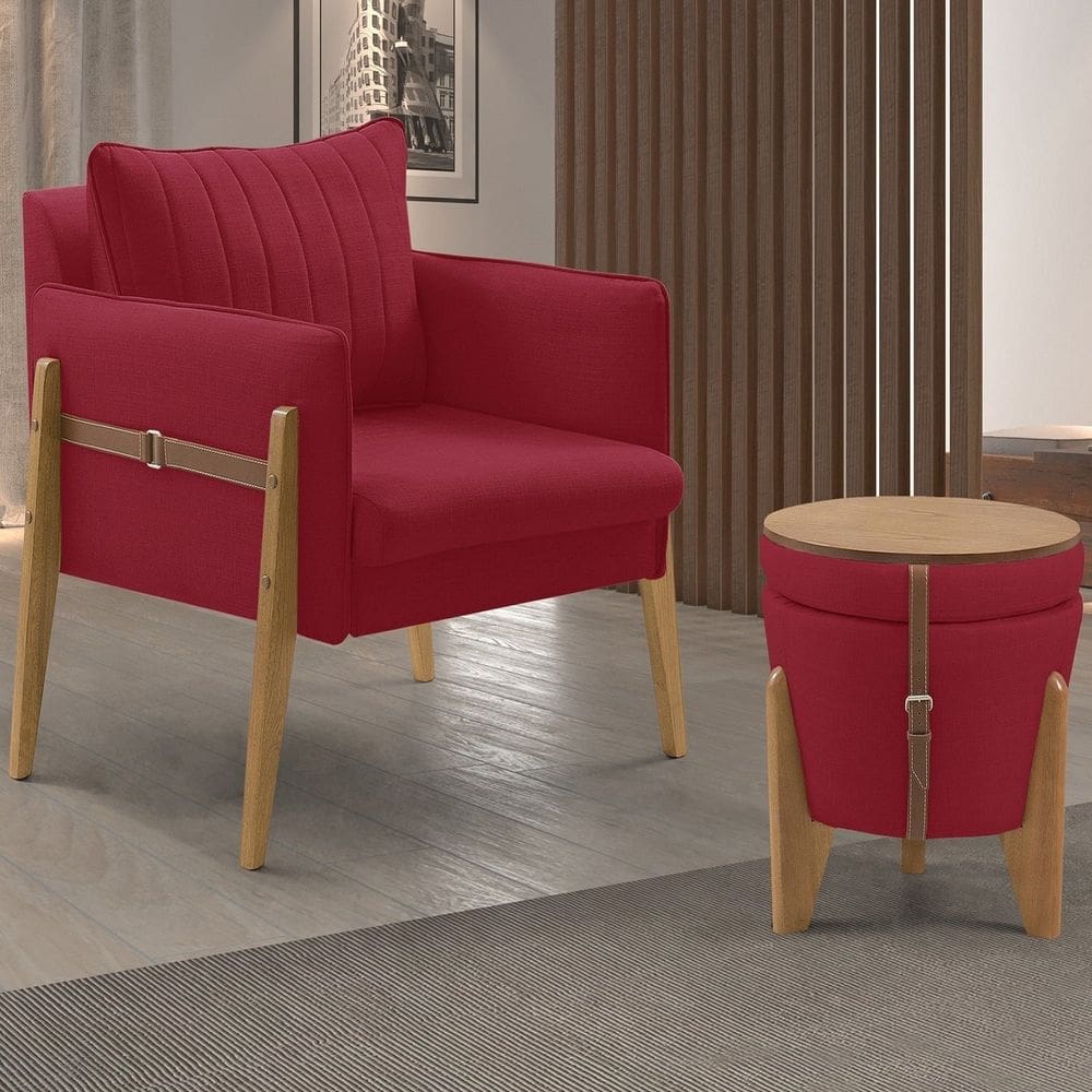 Conjunto para Sala de Estar com Poltrona e Puff Orion Veludo Vermelho