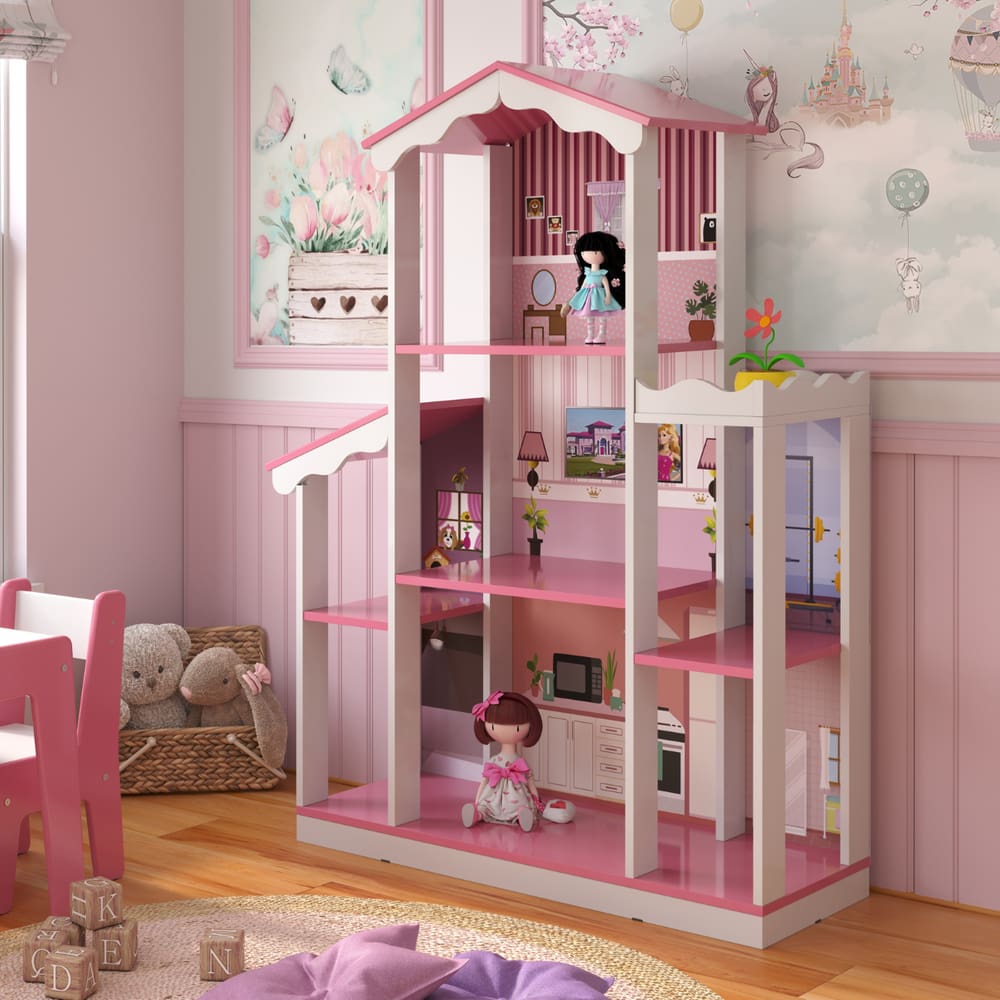 Casa de Boneca com 8 Cômodos Salónica Branco Rosa