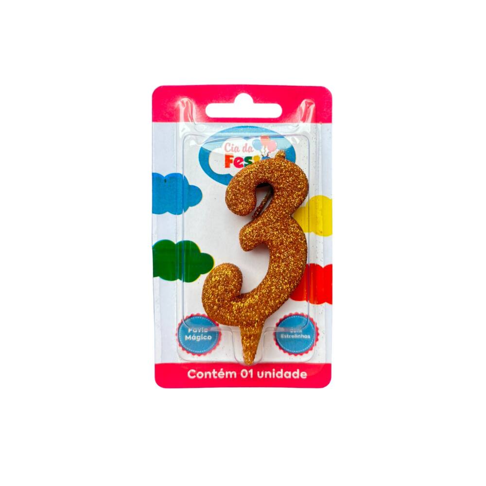 Vela Premium Glitter Ouro N 3 Cia Da Festa