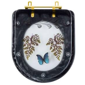 Assento Sanitario Poliester Decorado Borboleta Azul Carrara Preto com Ferragem Dourada