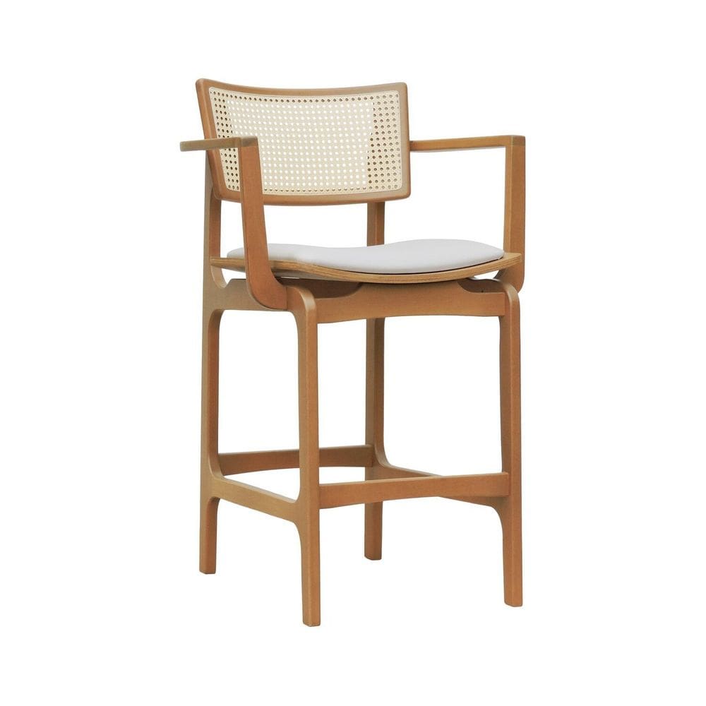 Banqueta Alta Bistrô Apollo Com Braços Madeira Maciça Encosto Telinha Assento Anatômico Estofado Sintético Natural/Bege