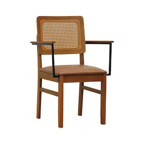 Cadeira Lyon Com Braços Madeira Maciça Encosto Telinha Assento Estofado Sintético Amêndoa/Marrom