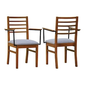 Kit 2 Cadeiras Tiê Com Braços Madeira Maciça Encosto Ripado Assento Estofado Linho Impermeável Amêndoa/Cinza