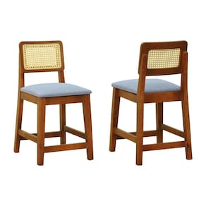 Kit 2 Banquetas Baixa/cadeiras Gabi Madeira Maciça Encosto Telinha Assento Estoflinho Impermeável Amêndoa/Cinza
