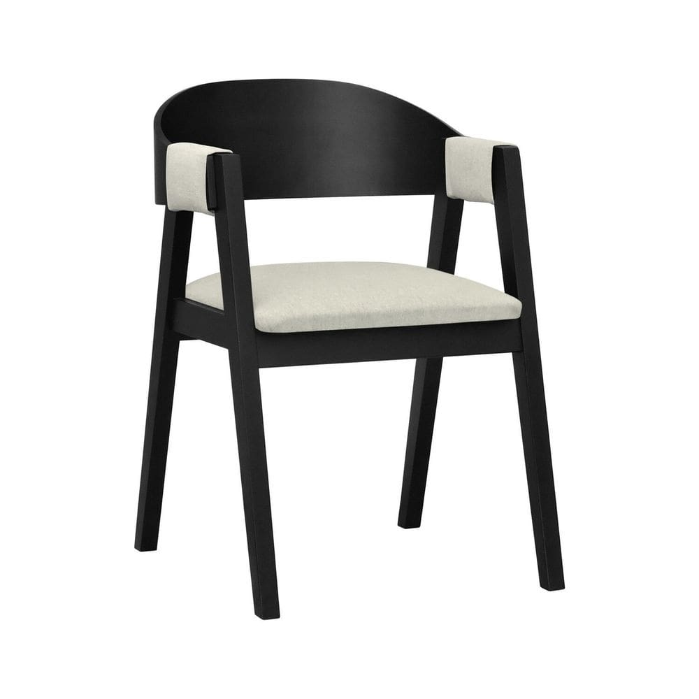 Cadeira Miami Madeira Maciça Encosto Anatômico Curvo Assento Estofado Linho Preto/Bege