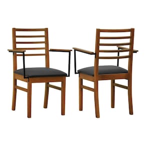 Kit 2 Cadeiras Tiê Com Braços Madeira Maciça Encosto Ripado Assento Estofado Sintético Amêndoa/Preto