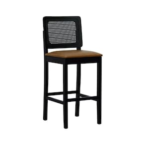 Banqueta Alta Bistrô Lyon Madeira Maciça Encosto Telinha Assento Estofado Sintético Preto/Marrom