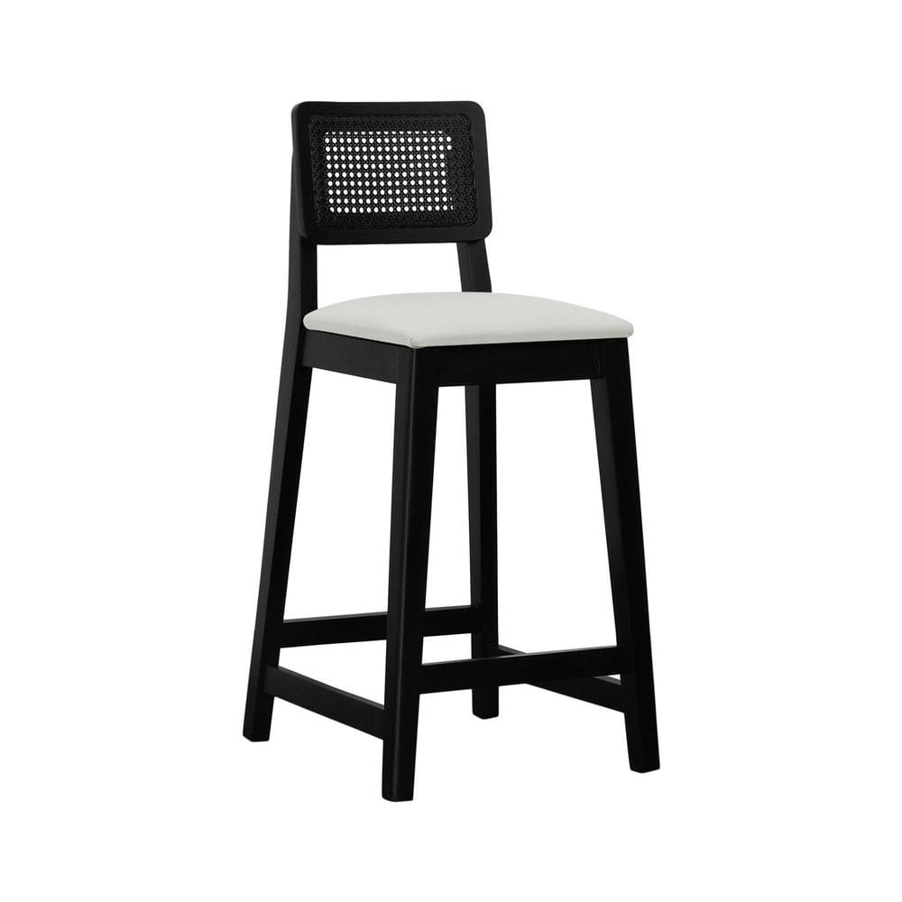 Banqueta Gabi com 68cm Altura Madeira Maciça Encosto Telinha Assento Estofado Linho Preto/Branco