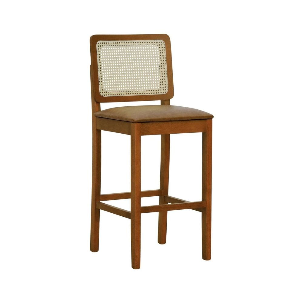 Banqueta Alta Bistrô Lyon Madeira Maciça Encosto Telinha Natural Assento Estofado Sintético Amêndoa/Marrom