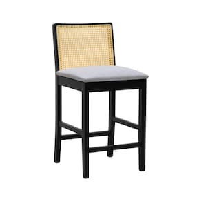 Banqueta Média Pérola com 62cm Altura Madeira Maciça Encosto Telinha Assento Estofado Linho Preto/Bege
