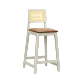 Banqueta Gabi 68cm Altura Madeira Maciça Encosto Telinha Assento Estofado Sintético Off White/Marrom