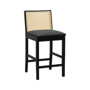 Banqueta Média Pérola com 62cm Altura Madeira Maciça Encosto Telinha Assento Estofado Sintético Preto