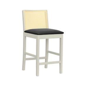 Banqueta Média Pérola com 62cm Altura Madeira Maciça Encosto Telinha Assento Estofado Sintético Off White/Preto