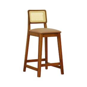 Banqueta Gabi 68cm Altura Madeira Maciça Encosto Telinha Assento Estofado Sintético Amêndoa/Caramelo