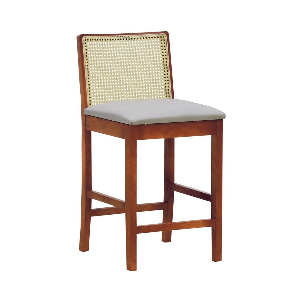 Banqueta Média Pérola com 62cm Altura Madeira Maciça Encosto Telinha Assento Estofado Linho Amêndoa/Bege