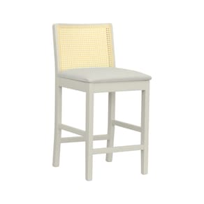 Banqueta Média Pérola com 62cm Altura Madeira Maciça Encosto Telinha Assento Estofado Sintético Off White/Bege
