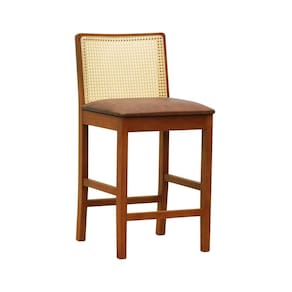 Banqueta Média Pérola com 62cm Altura Madeira Maciça Encosto Telinha Assento Estofado Sintético Amêndoa/Marrom