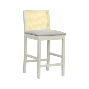 Banqueta Média Pérola com 62cm Altura Madeira Maciça Encosto Telinha Assento Estofado Linho Off White/Bege