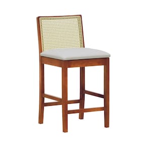 Banqueta Média Pérola com 62cm Altura Madeira Maciça Encosto Telinha Assento Estofado Sintético Amêndoa/ Bege