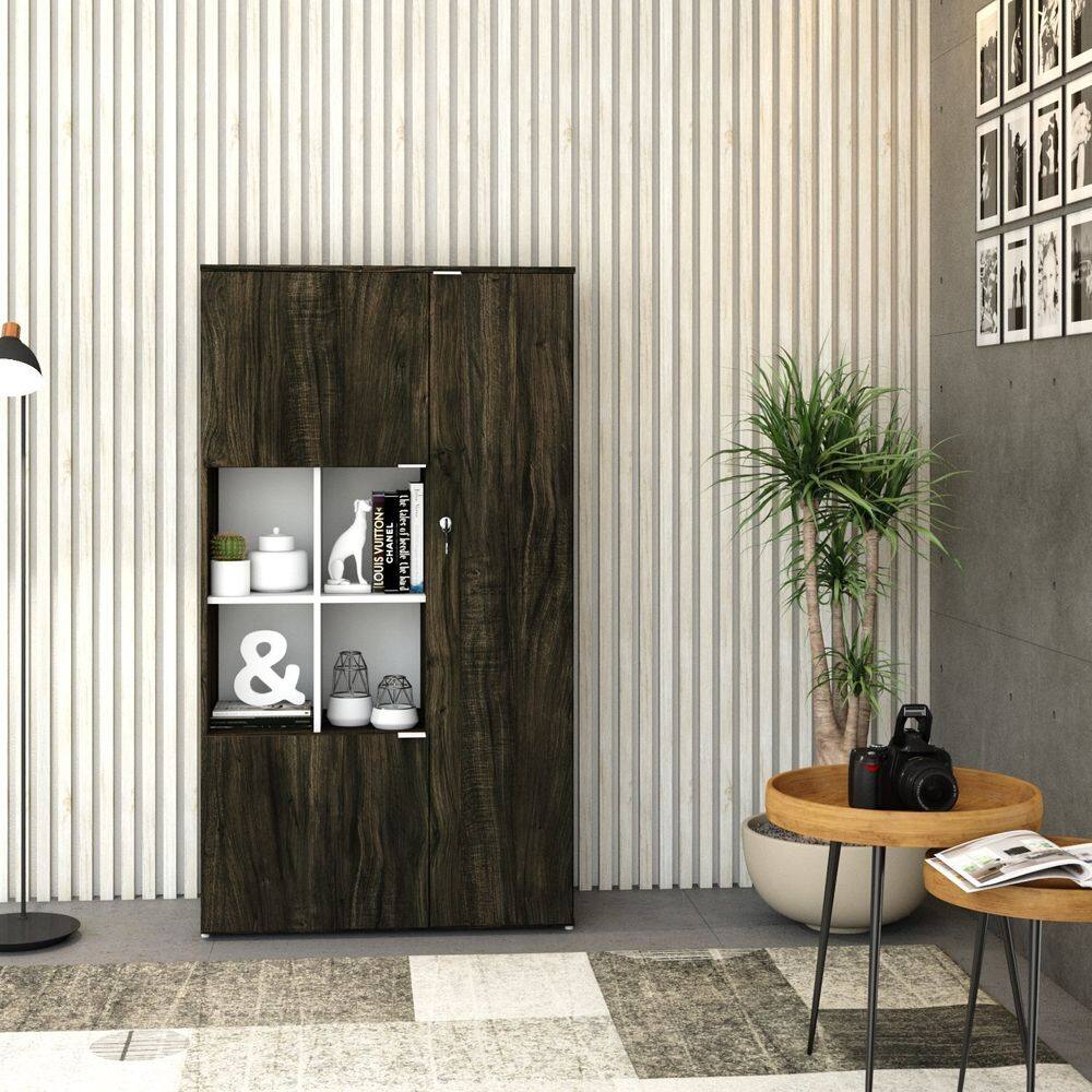 Armário Alto com Nicho e 03 Portas 161,5x90x42cm Carvalho Dark/Branco