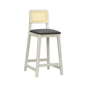Banqueta Gabi 68cm Altura Madeira Maciça Encosto Telinha Assento Estofado Sintético Off White/Preto