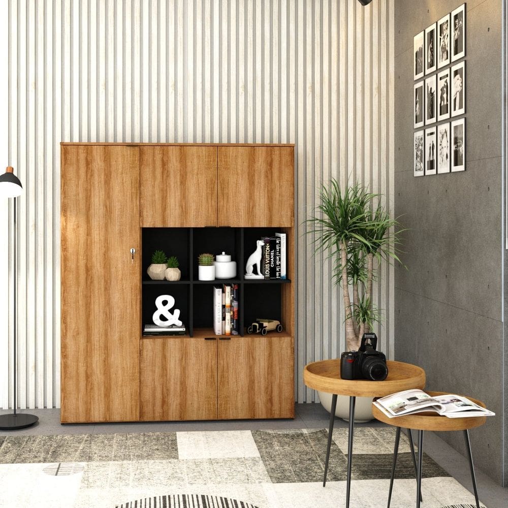 Armário Alto com Nichos e 05 Portas 161,5x135x42cm Lamina Mel/Preto