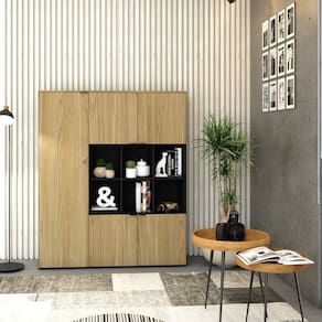 Armário Alto com Nichos e 5 Portas 161,5cm x 135cm x 42cm Preto /Vermont Oak
