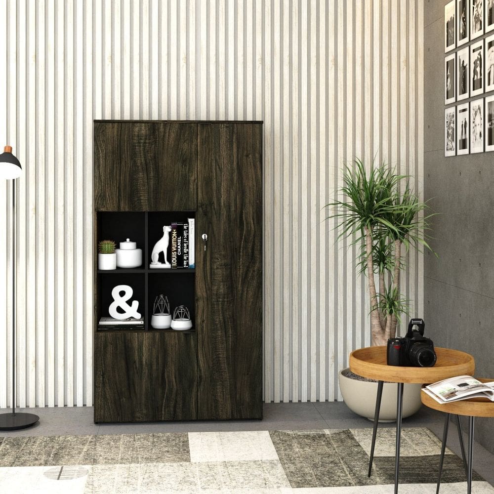 Armário Alto com Nicho e 03 Portas 161,5x90x42cm Carvalho Dark/Preto