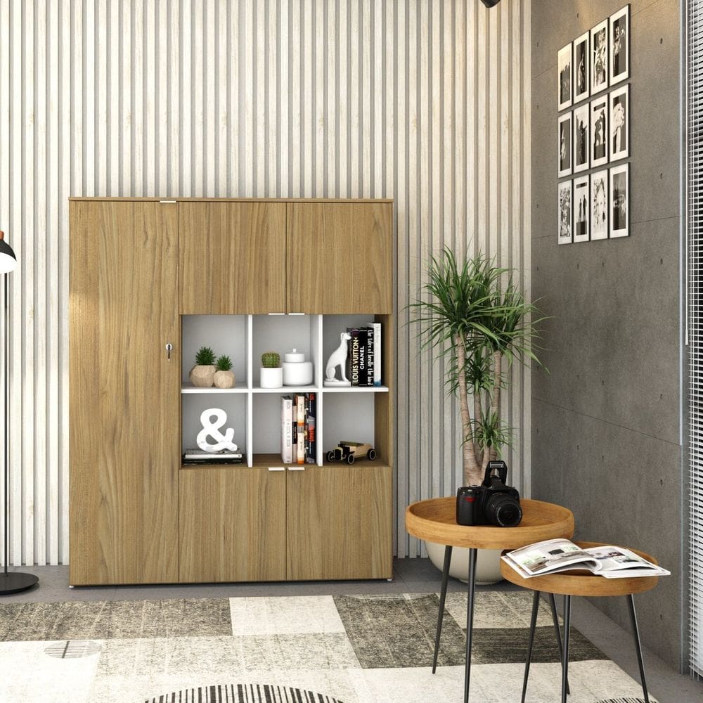 Armário Alto com Nichos e 5 Portas 161,5cm x 135cm x 42cm Vermont Oak / Branco