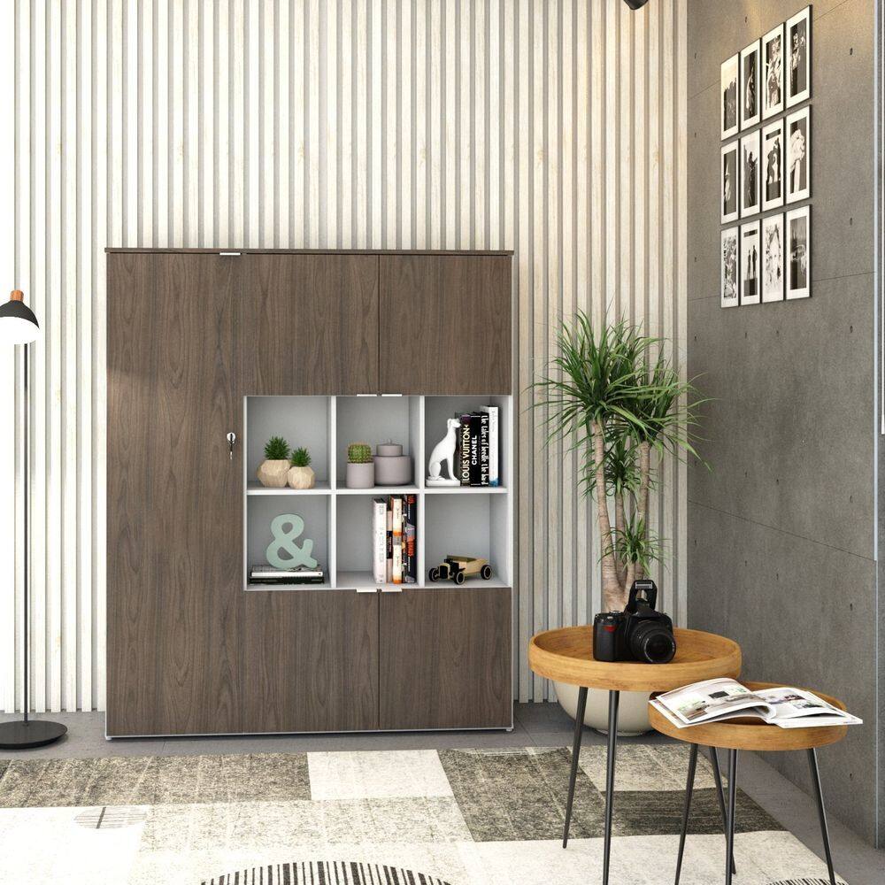 Armário Alto com Nichos e 5 Portas 161,5cm x 135cm x 42cm Branco/Terracota