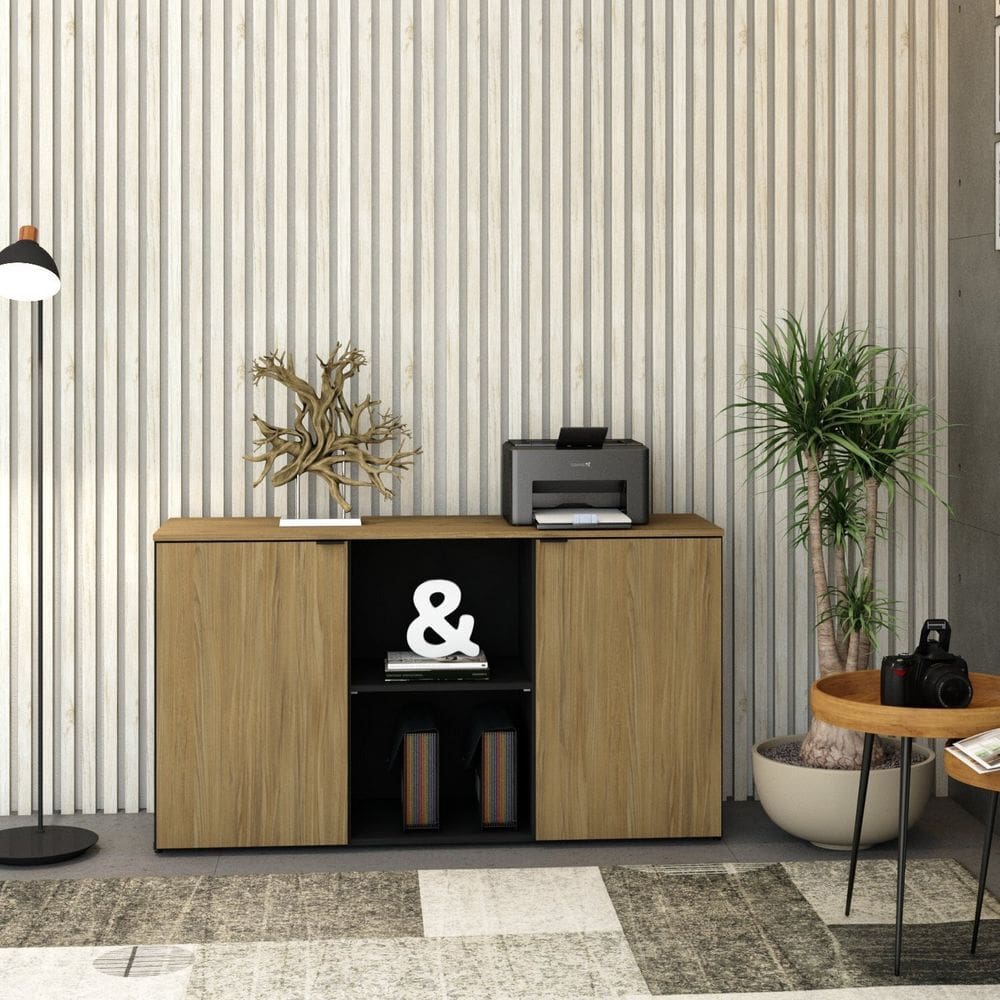 Armário Baixo com 2 Portas e Nicho 75cm x 135cm x 42cm Preto /Vermont Oak