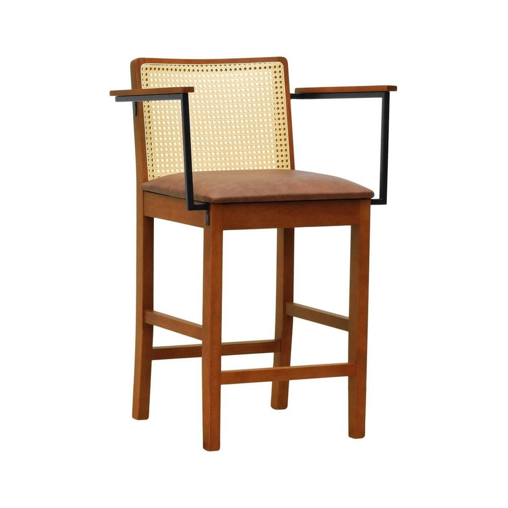 Banqueta Média Pérola com Braços com 62cm Altura Mad.Maciça Enc.Telinha Natural Assento Estof.Sintético Amêndoa/Marrom