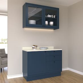 Cozinha Compacta Com Vidro 2 Peças 3 Portas 3 Gavetas Sevilha Azul Órion/Cinza Argila