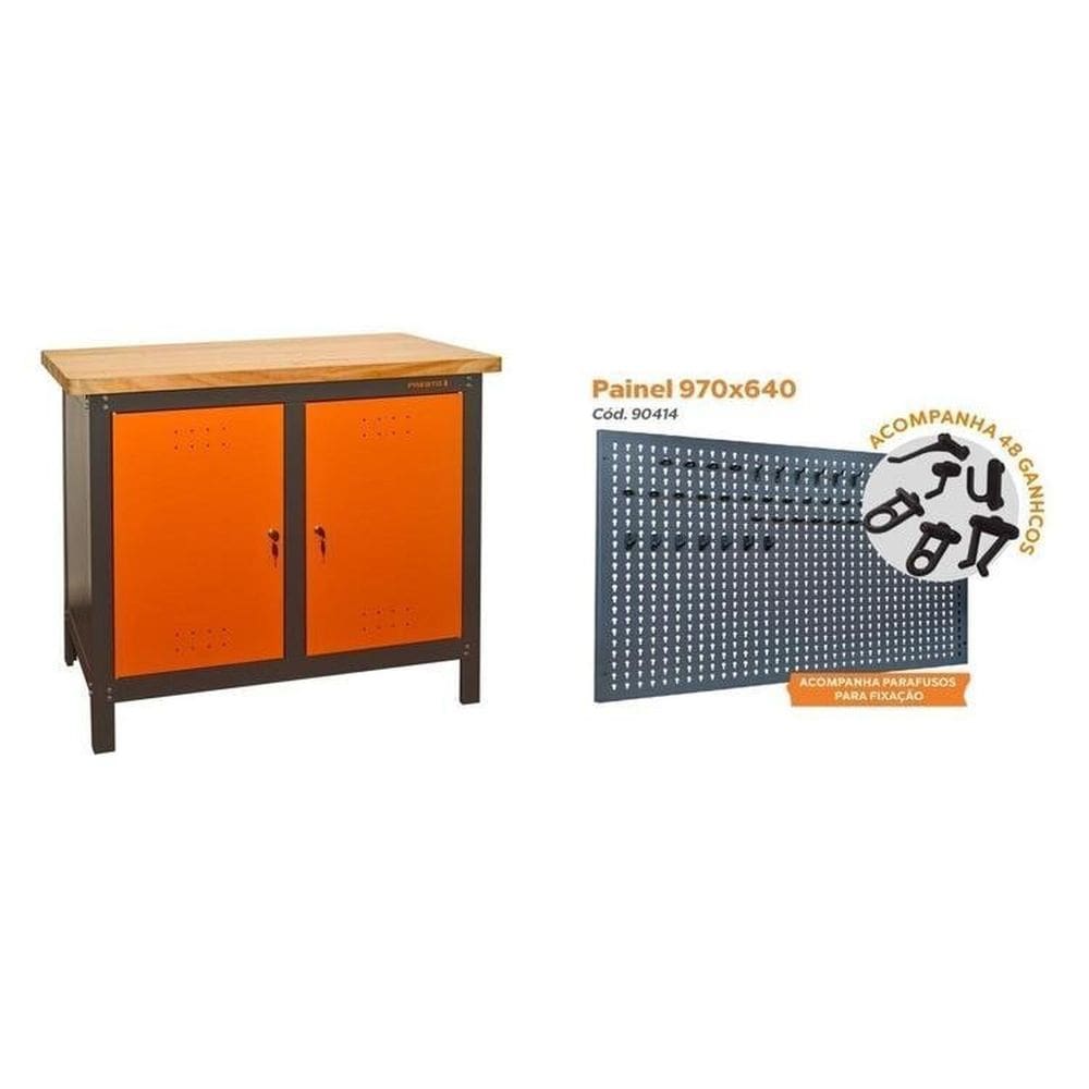 Conjunto de Organização Profissional 1 Bancada Aberta 110cm 1 Painel para Ferramentas em Aço Preto